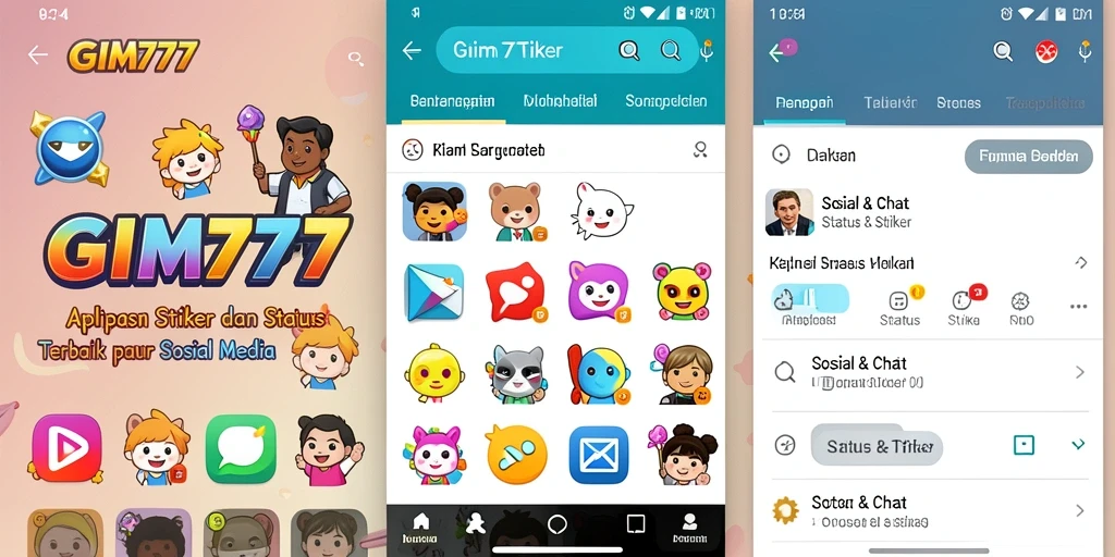 Tampilan antarmuka aplikasi GIM777 dengan beragam stiker dan status.